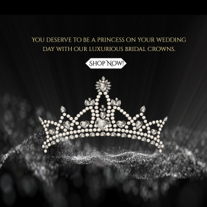 A beautiful pearl and crystal bridal crown displayed on a dark background with a call to action button