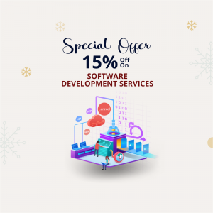 Graphic promoting 15% off software development services with a winter theme