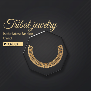 Gold tribal necklace displayed on a dark geometric background