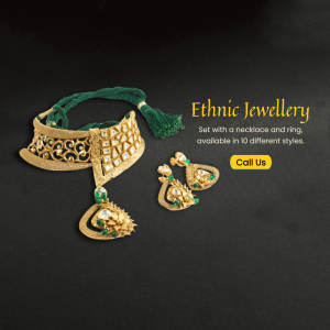 A gold choker necklace and matching earrings set featuring green stone accents on a black background
