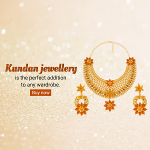 A gold Kundan jewelry set with a necklace and earrings against a shimmering bokeh background