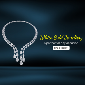 Luxury diamond necklace on a dark blue background with White Gold Jewellery text