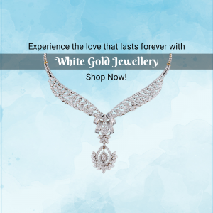 A beautiful white gold diamond necklace displayed on a soft watercolor blue background with promotional text.