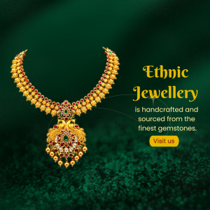 A handcrafted gold ethnic necklace with ruby and emerald gemstones displayed on a dark green textured background.
