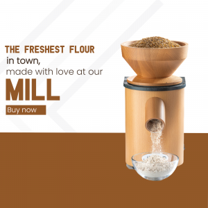 A wooden electric grain mill dispensing fresh flour into a glass bowl with promotional text.