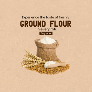 A burlap sack of flour next to wheat stalks and grains on a beige background with text advertising freshly ground flour for rotis.