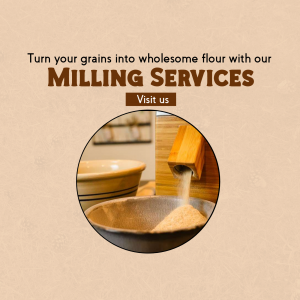 A graphic advertisement for grain milling services featuring a milling machine dispensing fresh flour.