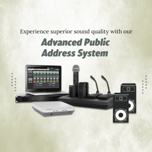A collection of audio visual equipment including a laptop, microphones, mixer, and speakers set against a textured light grey background.