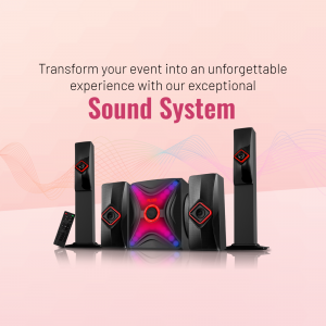 Complete home theater sound system with speakers and subwoofer against a soft pink background