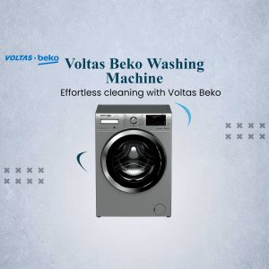 A Voltas Beko front-load washing machine displayed against a light textured blue background.