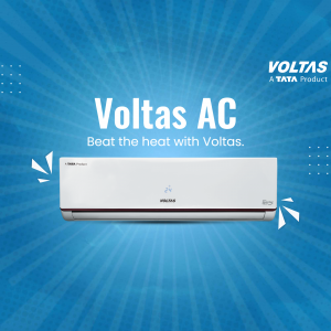 A white Voltas split air conditioner mounted on a blue radial background with the text Voltas AC and Beat the heat with Voltas.
