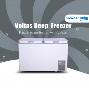 A white Voltas Beko chest freezer displayed against a grey spiral background.