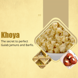A graphic featuring Khoya, Barfi, and Gulab Jamun with a light yellow background.