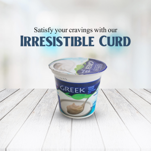 A single container of Greek yogurt placed on a white wooden table with promotional text above