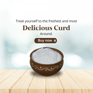 A bowl of fresh creamy curd in an earthen pot placed on a wooden table for promotional advertisement