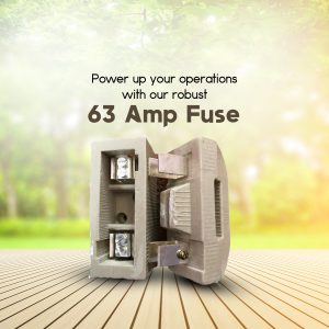 An industrial 63 Amp electrical fuse displayed on a wooden surface with a soft, bright nature background.