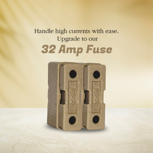 Two 32 Amp porcelain electrical fuses standing on a light textured surface