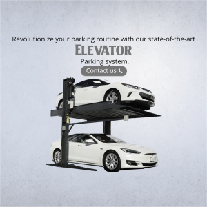 A double-decker elevator parking lift holding two white cars, promoting a space-saving parking solution.