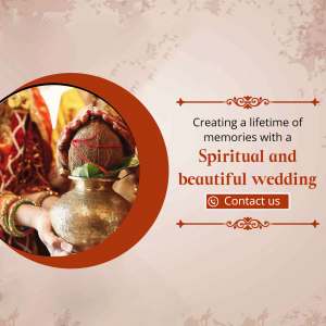 A close-up of a traditional Indian wedding ceremony featuring a brass pot and coconut held by the bride, with text promoting spiritual wedding services.
