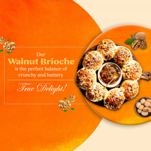 A beautifully plated circular walnut brioche bread with a bowl of jam surrounded by walnuts on an orange background