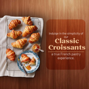 A collection of freshly baked golden brown croissants on a wire cooling rack and a small plate, with text inviting the viewer to enjoy a classic French pastry experience.
