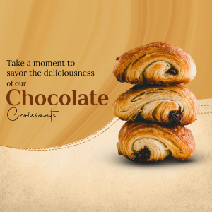A stack of three golden, flaky chocolate croissants on a light beige background with text promoting them.