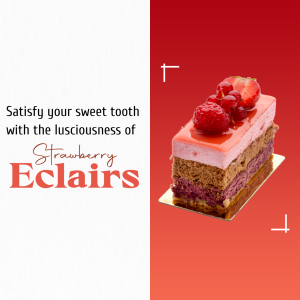 A gourmet strawberry eclair dessert on a golden base against a red and white background