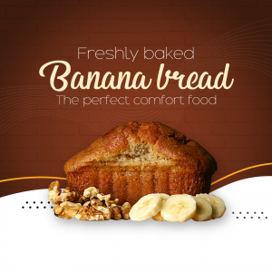 A freshly baked loaf of banana bread garnished with walnuts and banana slices on a brown background