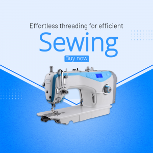 A modern, white and blue industrial sewing machine displayed against a light and dark blue gradient background with text promoting effortless threading.