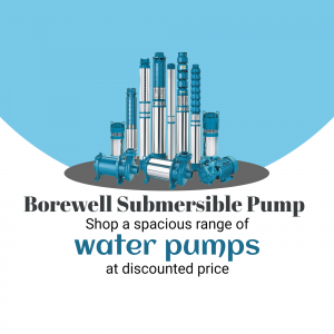 A collection of various blue and silver borewell submersible water pumps arranged against a light blue and white background.