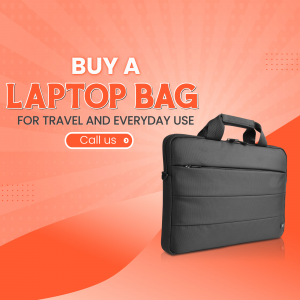 A sleek black laptop bag advertisement on an orange background with the text Buy a Laptop Bag for Travel and Everyday Use
