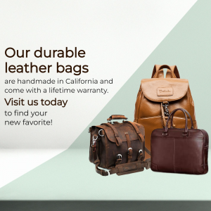 Collection of premium handmade leather bags including a backpack, messenger bag, and briefcase