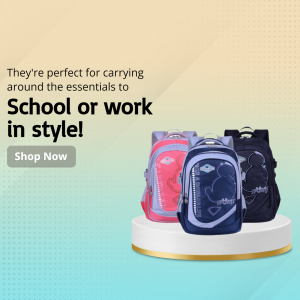A collection of three colorful school backpacks in pink, blue, and black displayed on a white podium with a promotional text overlay.