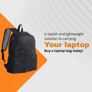 Black stylish lightweight laptop backpack against an orange and grey abstract background.