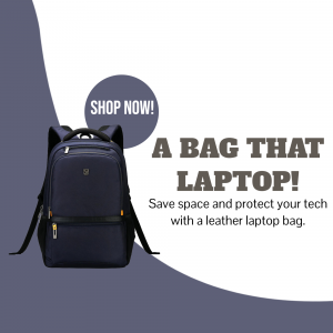 A navy blue leather laptop backpack displayed with promotional text