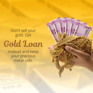 A pair of hands holding gold jewelry and Indian currency notes against a golden background promoting a gold loan
