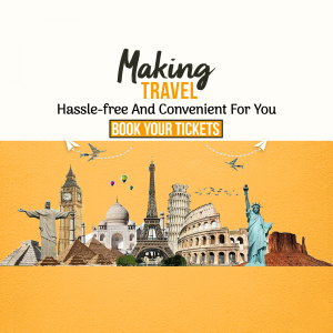 Travel agency advertisement featuring world famous landmarks against a yellow background