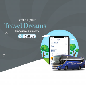Mobile application showing bus ticket booking interface with a blue travel bus on a grey and white background