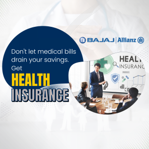 A marketing graphic for Bajaj Allianz health insurance showing a business meeting on the subject of medical savings.