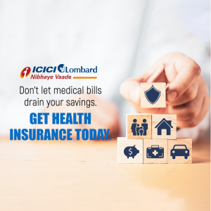 Hand stacking wooden blocks with health, home, and finance icons for ICICI Lombard health insurance