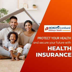 A happy family sitting together under an imaginary house roof graphic, promoting ICICI Lombard health insurance.