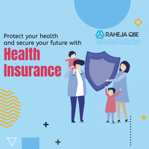 A family protected by a shield representing Raheja QBE health insurance