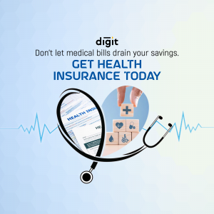 Digit health insurance advertisement featuring a stethoscope, medical documents, and wooden blocks with health icons