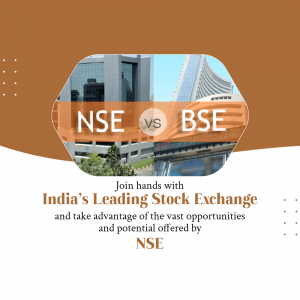 A comparison graphic between the National Stock Exchange (NSE) and Bombay Stock Exchange (BSE) buildings with text promoting NSE.
