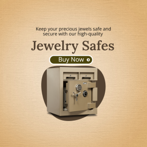 A high-quality steel safe for jewelry storage with a Buy Now button on a textured beige background.