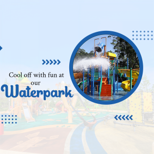 Water park splash zone with slides and water buckets