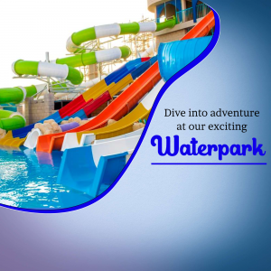 Colorful water slides at a sunny waterpark destination
