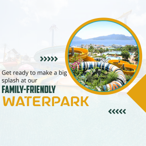 A circular photo showing colorful water slides at a sunny resort waterpark with text inviting families for a splash.