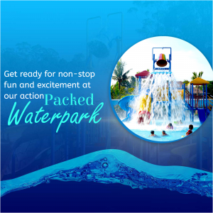 Children playing in a waterpark under a giant tipping bucket with blue background