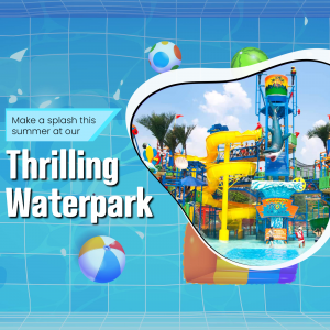 Waterpark with yellow slides, a pool, and colorful beach balls, promoting a fun summer activity.